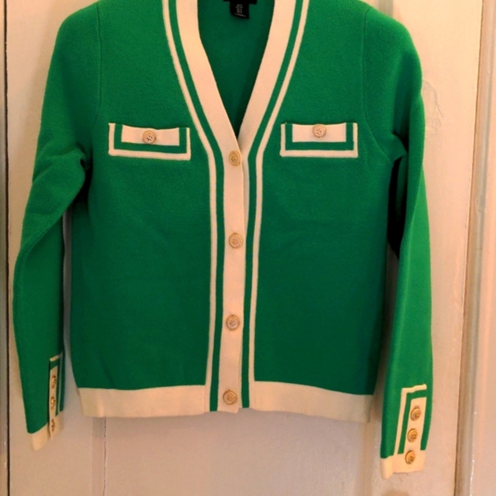 Green and White Trim Women's Cardigan Sweater
